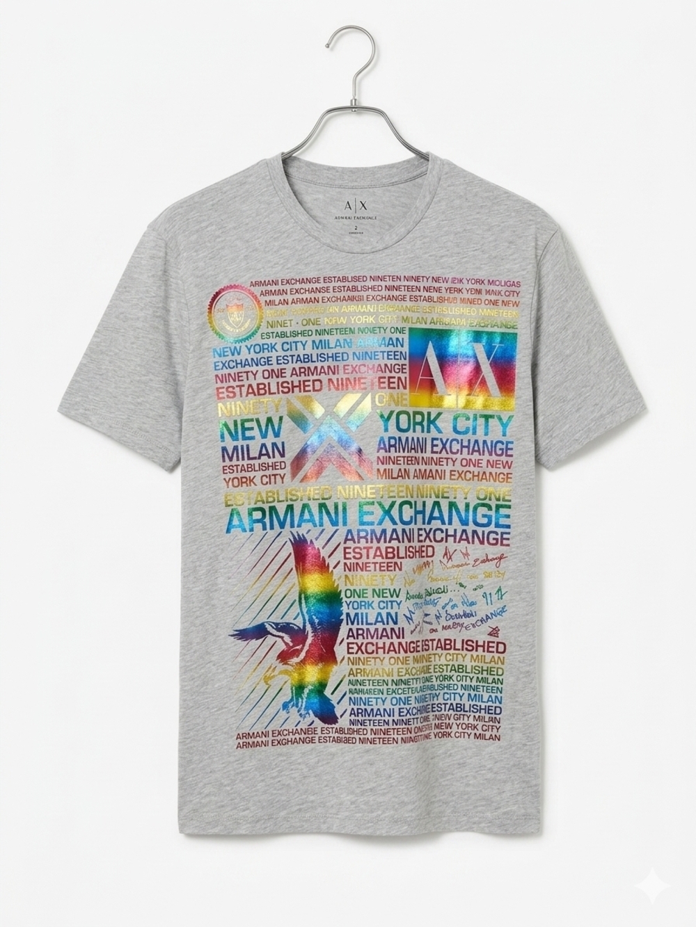 Armani Exchange Men's Grey Short-Sleeve Rainbow Graphic Logo Tee